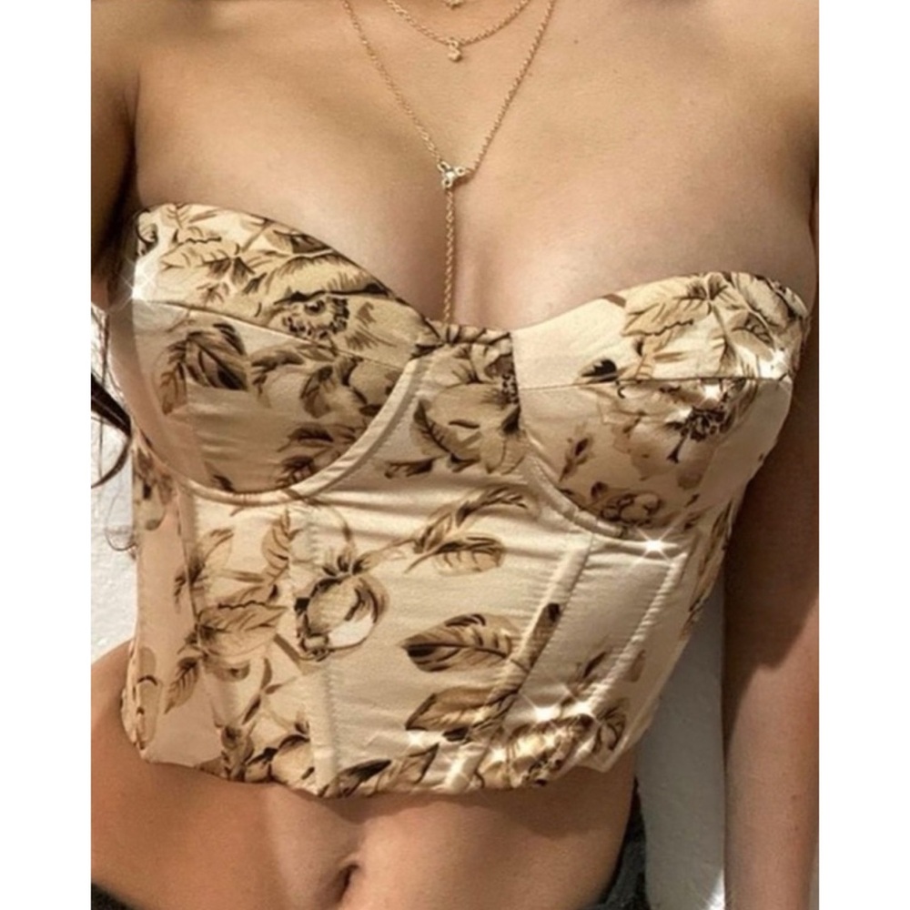 Dark Romantic Brown Satin Corset Top Brown Floral Print Lace Up Back Size Small